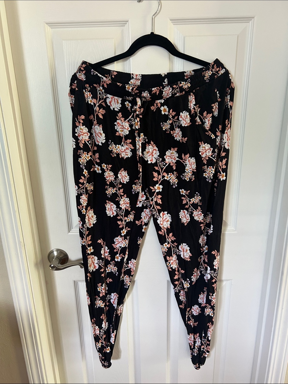 VENUS Black Floral Drawstring Jogger Pants with Pink Blossoms